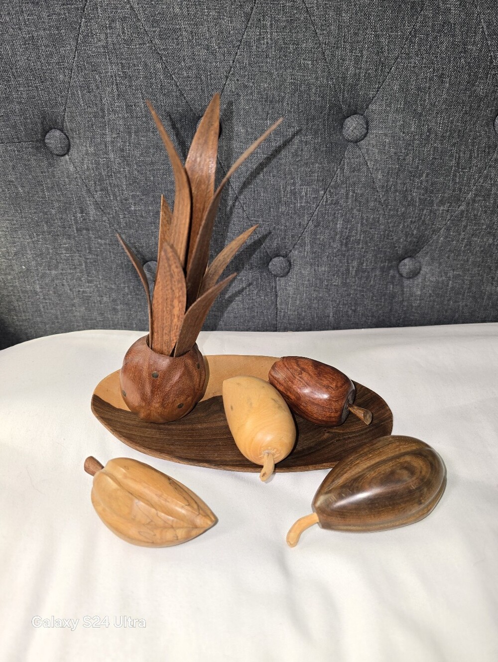 Vintage * Handcarved Wood Fruit Lot  * Brown Pineapple * Pear * Apple * 6 Pieces